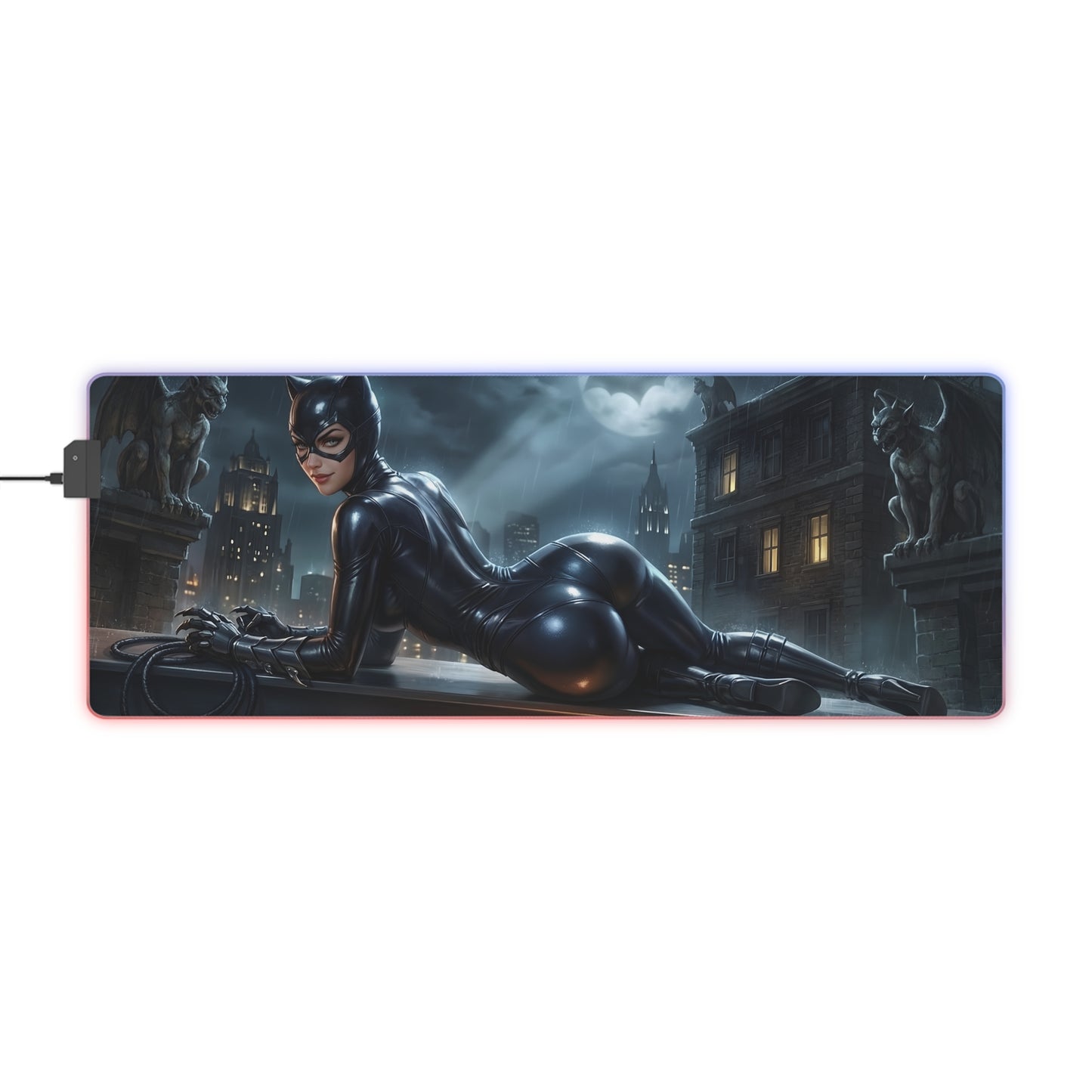 Catwoman RGB Mouse Pad – DC Comics LED Desk Mat, Villain Gamer Decor featuring Catwoman reclining on rooftop with RGB edge lighting