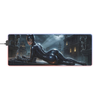 Catwoman RGB Mouse Pad – DC Comics LED Desk Mat, Villain Gamer Decor featuring Catwoman reclining on rooftop with RGB edge lighting