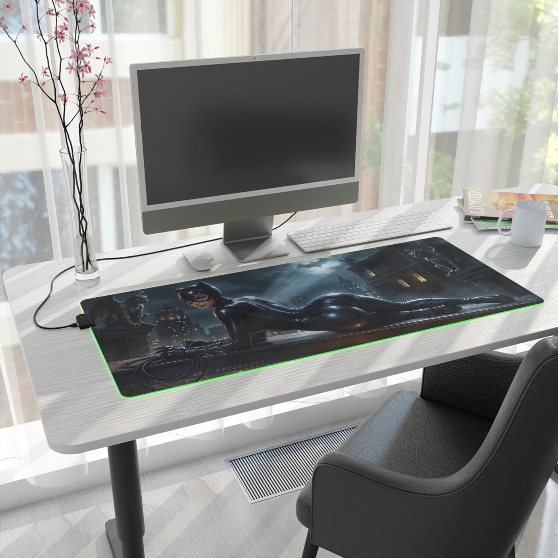 Catwoman RGB Mouse Pad – DC Comics LED Desk Mat, Villain Gamer Decor on modern desk with green RGB edge and Catwoman artwork