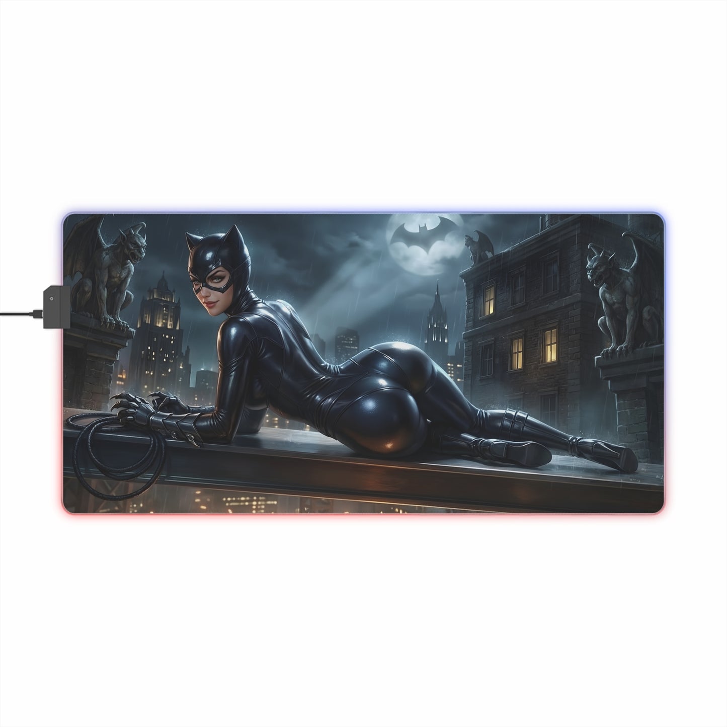 Catwoman RGB Mouse Pad – DC Comics LED Desk Mat, Villain Gamer Decor featuring HD Catwoman artwork, RGB edge lighting and non-slip extended desk mat
