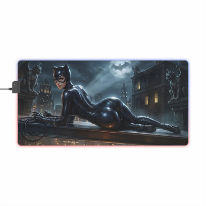 Catwoman RGB Mouse Pad – DC Comics LED Desk Mat, Villain Gamer Decor featuring HD Catwoman artwork, RGB edge lighting and non-slip extended desk mat