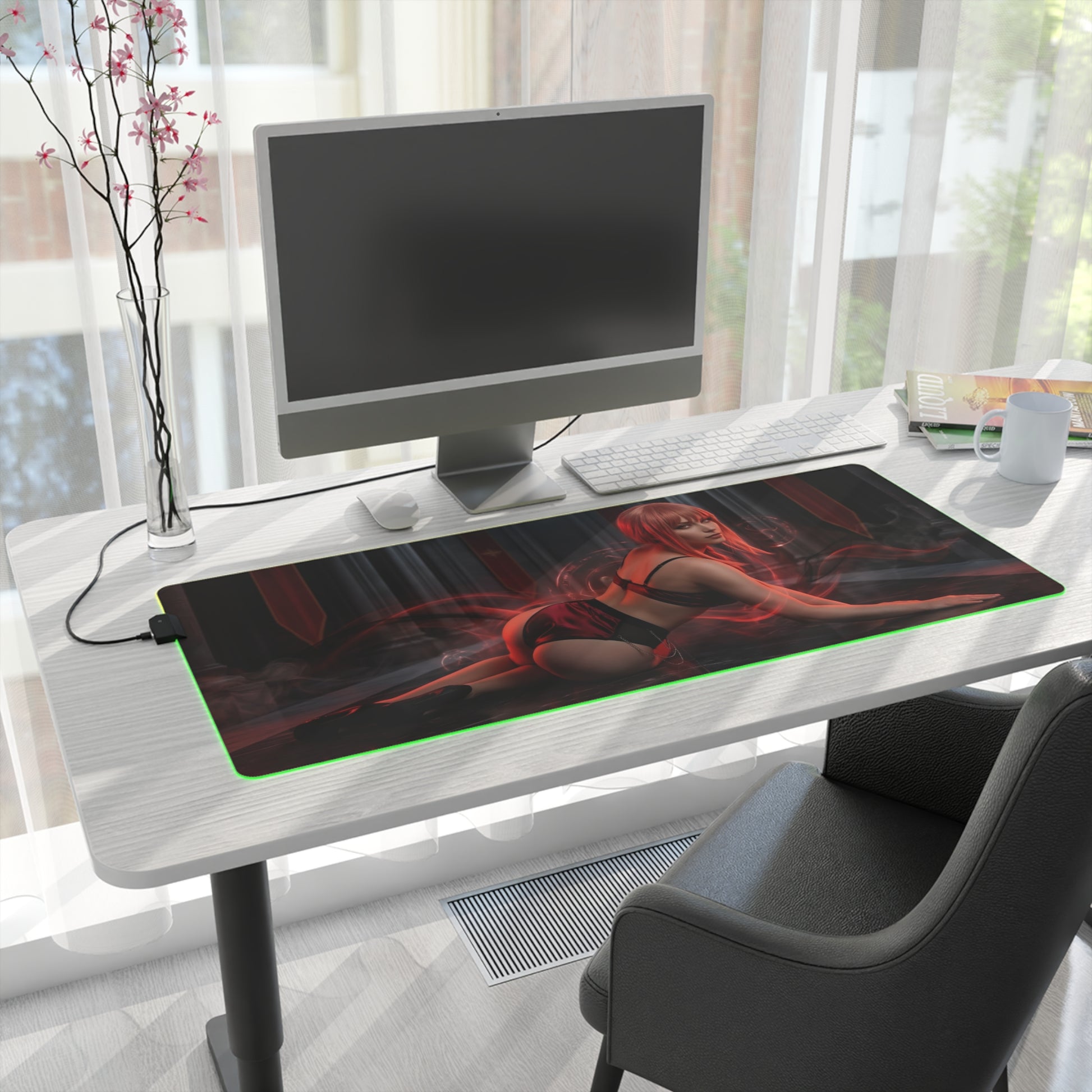 Chainsaw Man Mouse Pad – Makima Illuminated LED Desk Mat, Anime Gamer Room Decor, Gift for Otaku showing Makima in red-lit cathedral scene with LED edge