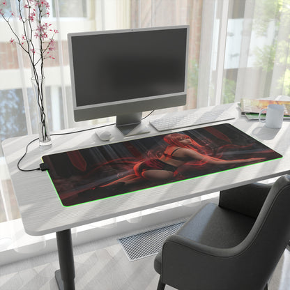 Chainsaw Man Mouse Pad – Makima Illuminated LED Desk Mat, Anime Gamer Room Decor, Gift for Otaku showing Makima in red-lit cathedral scene with LED edge
