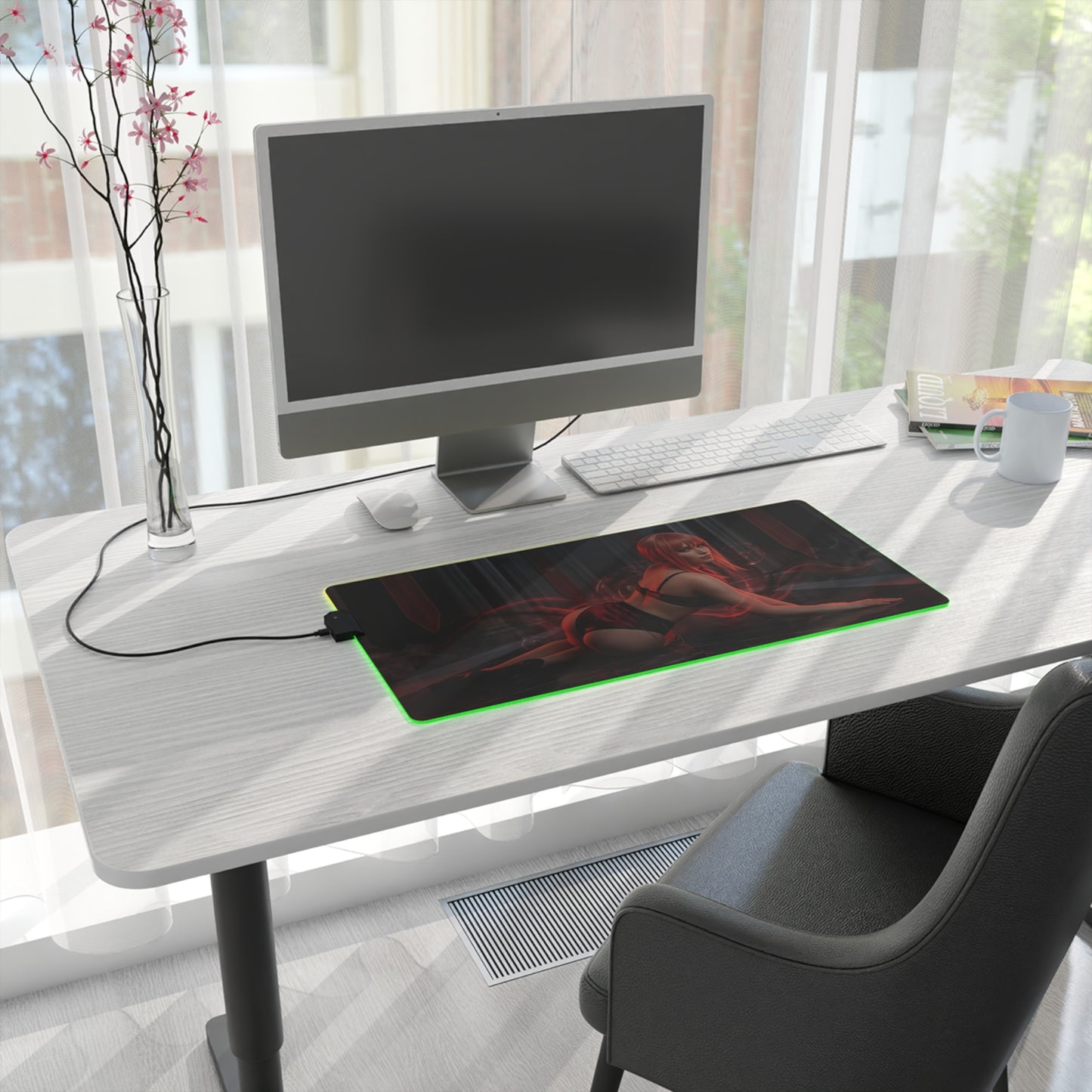 Chainsaw Man Mouse Pad – Makima Illuminated LED Desk Mat, Anime Gamer Room Decor, Gift for Otaku on a modern gaming desk with RGB edge and Makima art