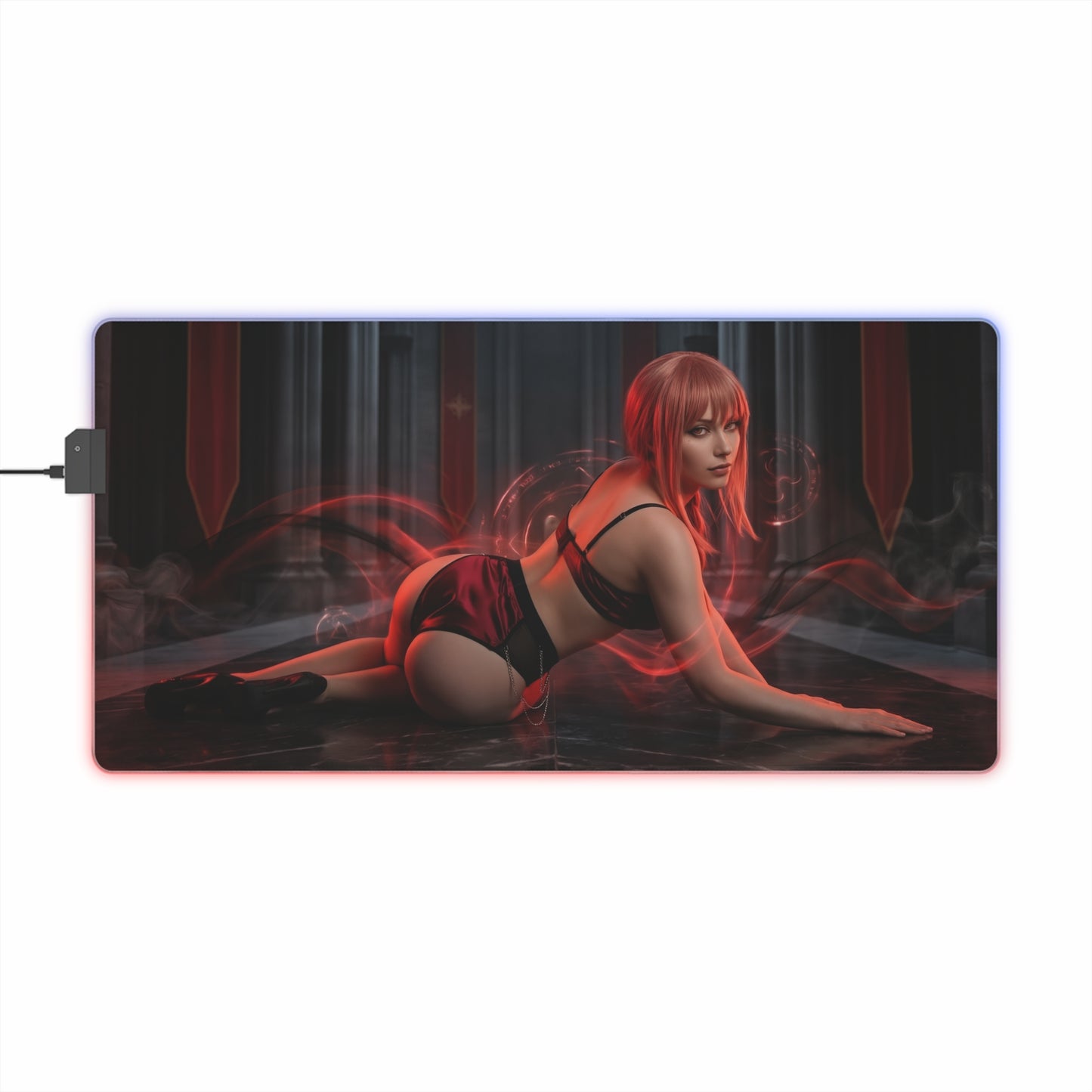 Chainsaw Man Mouse Pad – Makima Illuminated LED Desk Mat, Anime Gamer Room Decor, Gift for Otaku featuring Makima in red-lit cathedral scene with LED edge