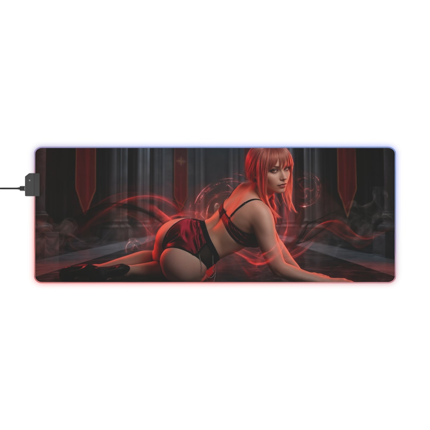 Chainsaw Man Mouse Pad – Makima Illuminated LED Desk Mat, Anime Gamer Room Decor, Gift for Otaku featuring Makima in red-lit cathedral scene with LED edge
