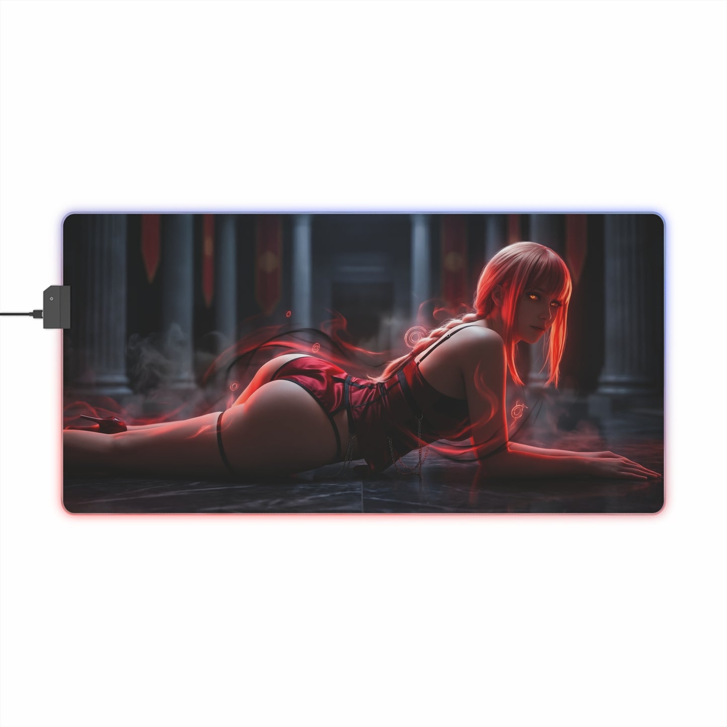 Chainsaw Man Mouse Pad – Makima LED RGB Desk Mat, Anime Gamer Room Decor, Gift for Otaku showing Makima reclining in cathedral scene with red glowing energy accents