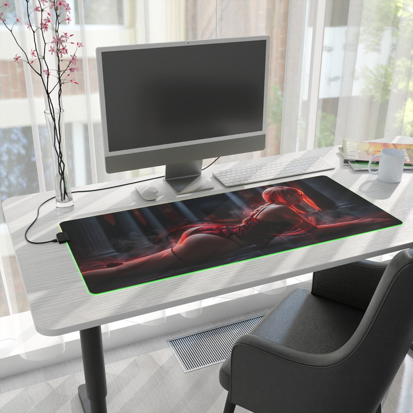 Chainsaw Man Mouse Pad – Makima LED RGB Desk Mat, Anime Gamer Room Decor, Gift for Otaku on white desk with green RGB edge and dramatic Makima art