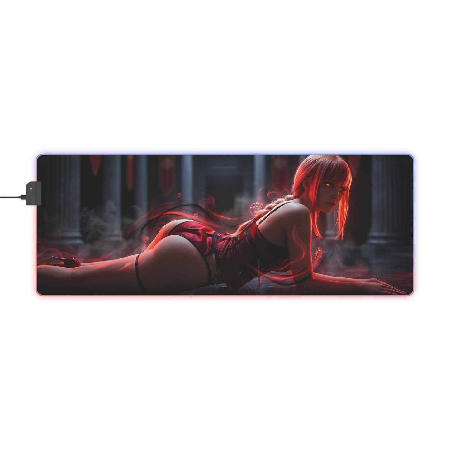 Chainsaw Man Mouse Pad – Makima LED RGB Desk Mat, Anime Gamer Room Decor, Gift for Otaku featuring Makima in cathedral scene with red energy accents