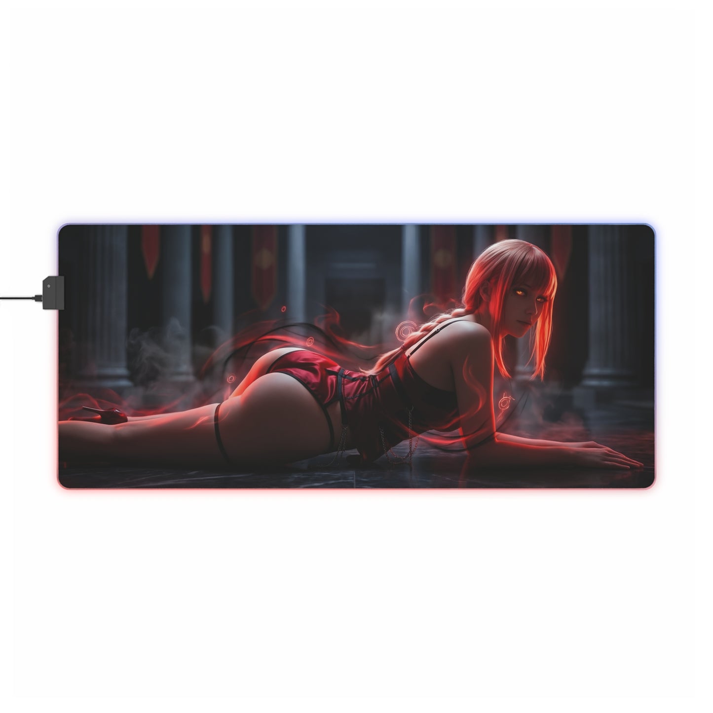 Chainsaw Man Mouse Pad – Makima LED RGB Desk Mat, Anime Gamer Room Decor, Gift for Otaku featuring Makima reclining in cathedral scene with red glow