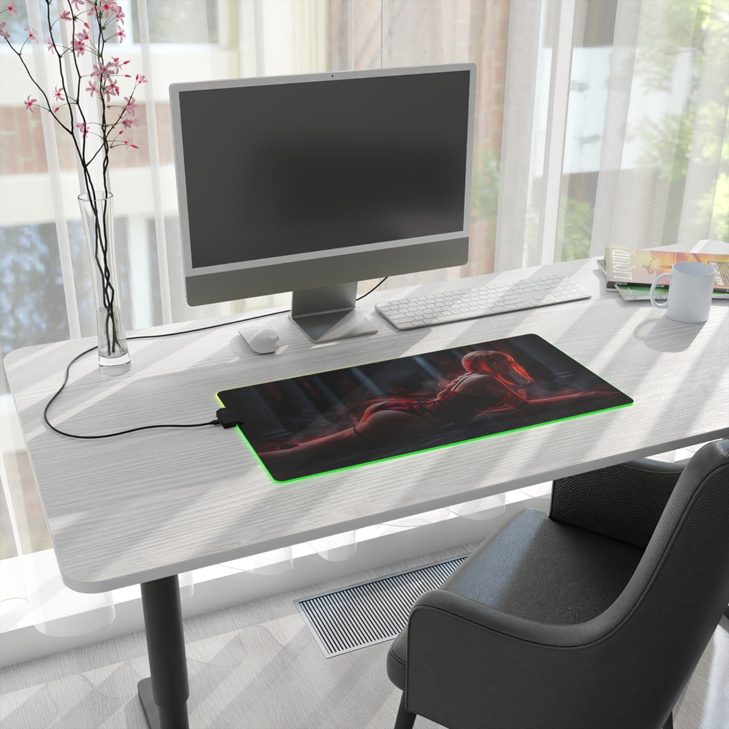 Chainsaw Man Mouse Pad – Makima LED RGB Desk Mat, Anime Gamer Room Decor, Gift for Otaku on desk with glowing green edge and dramatic Makima art