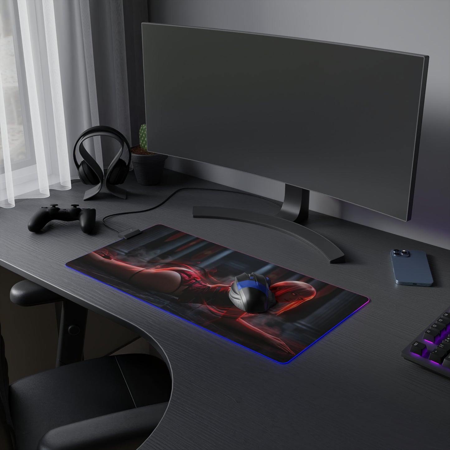 Chainsaw Man Mouse Pad – Makima LED RGB Desk Mat, Anime Gamer Room Decor, Gift for Otaku on a dark gaming desk with RGB edge and dramatic cathedral-style art