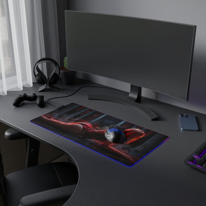 Chainsaw Man Mouse Pad – Makima LED RGB Desk Mat, Anime Gamer Room Decor, Gift for Otaku on a dark gaming desk with RGB edge and dramatic cathedral-style art