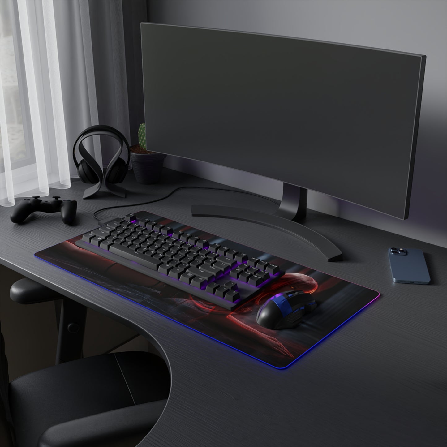 Chainsaw Man Mouse Pad – Makima LED RGB Desk Mat, Anime Gamer Room Decor, Gift for Otaku on gaming desk with RGB lighting and dramatic Makima art