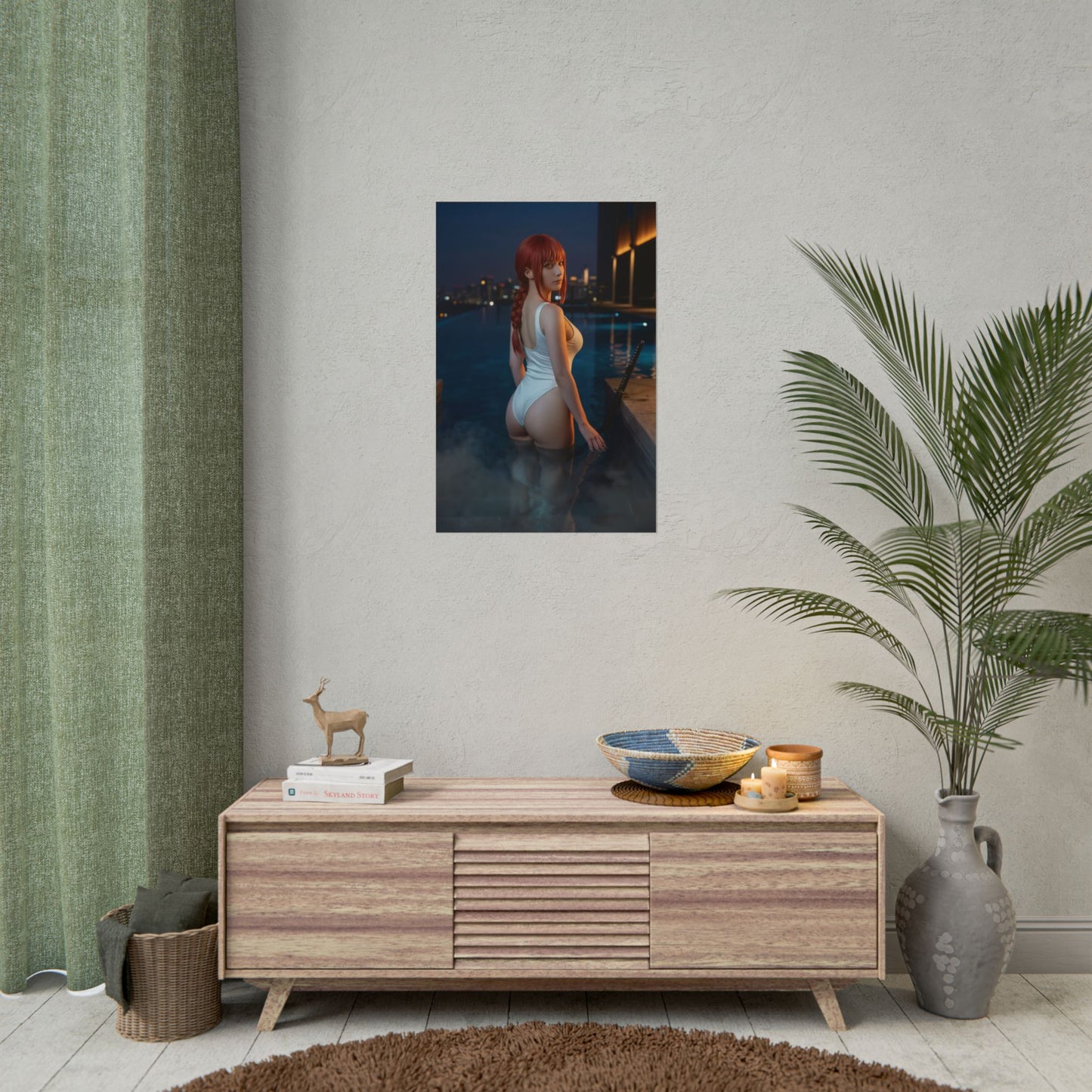 Chainsaw Man Poster – Makima Art Print, Anime Wall Art featuring Makima in rooftop pool at night with glowing city skyline