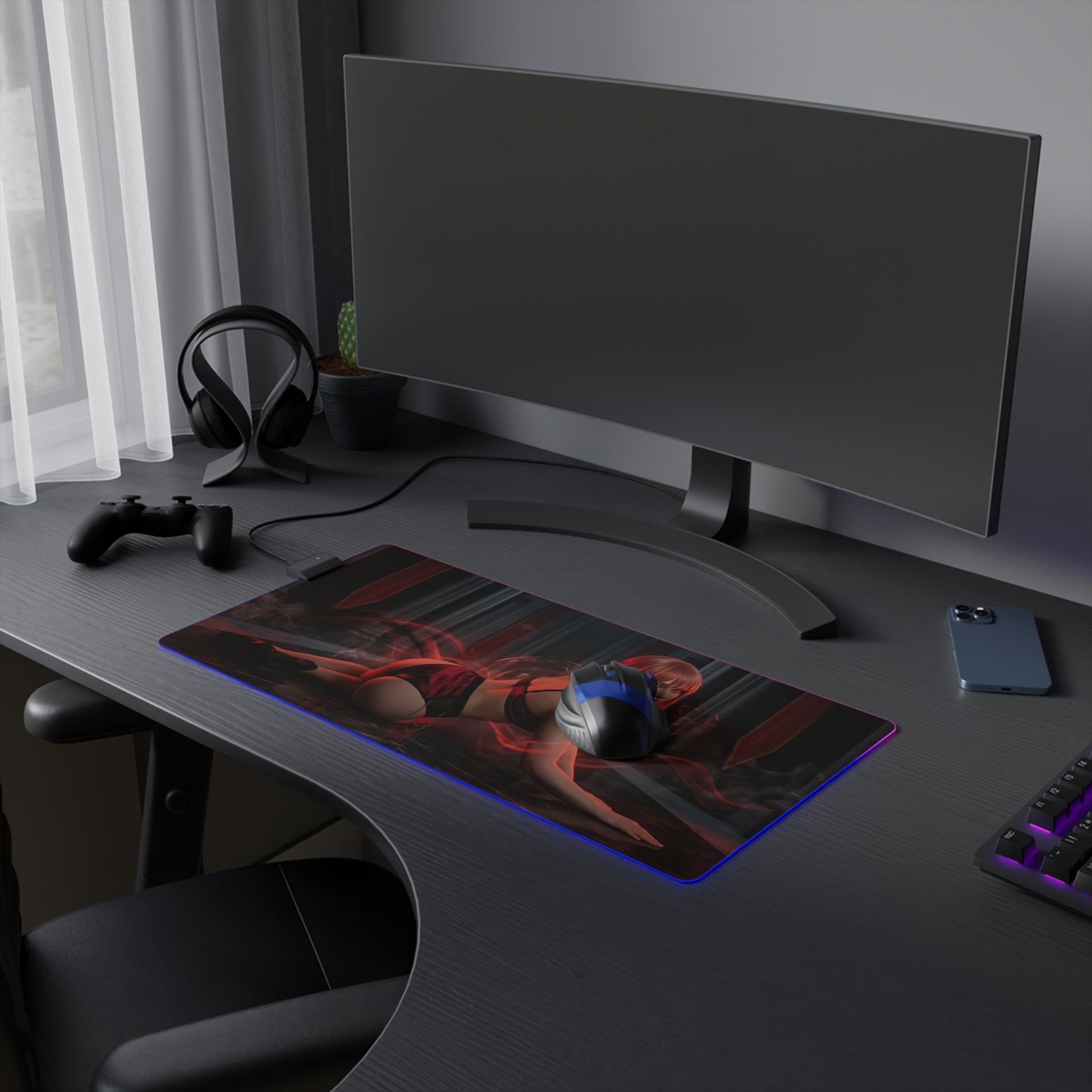 Chainsaw Man Mouse Pad – Makima Illuminated LED Desk Mat, Anime Gamer Room Decor, Gift for Otaku on modern gaming desk with LED edge and Makima art