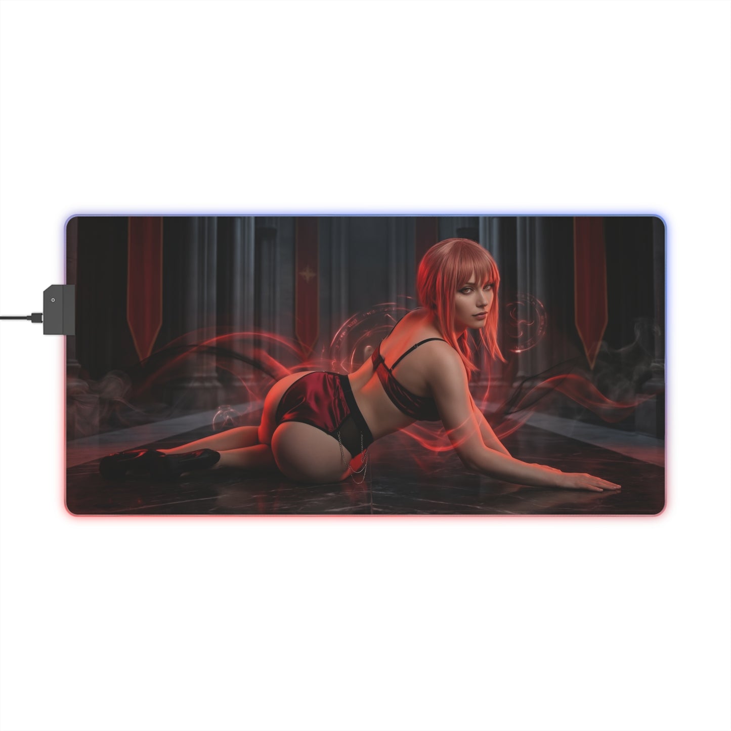 Chainsaw Man Mouse Pad – Makima Illuminated LED Desk Mat, Anime Gamer Room Decor, Gift for Otaku featuring Makima in red-lit cathedral scene with LED edge