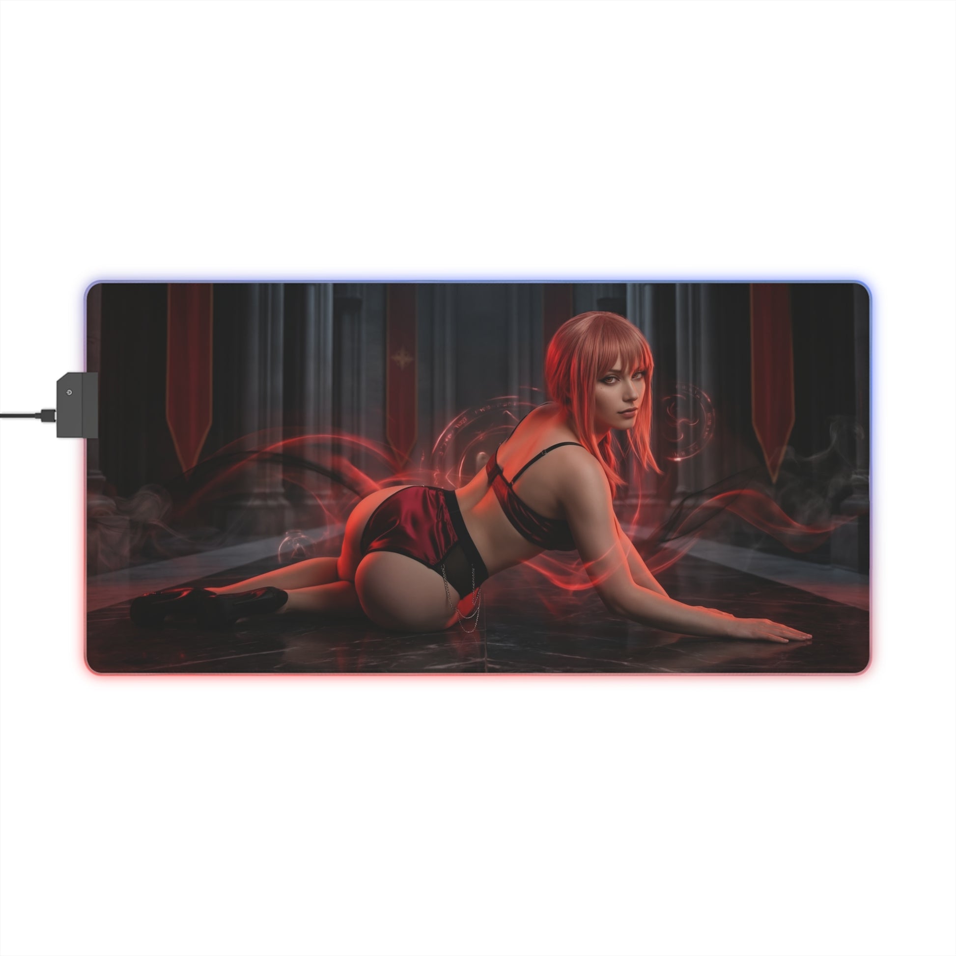 Chainsaw Man Mouse Pad – Makima Illuminated LED Desk Mat, Anime Gamer Room Decor, Gift for Otaku featuring Makima in red-lit cathedral scene with LED edge