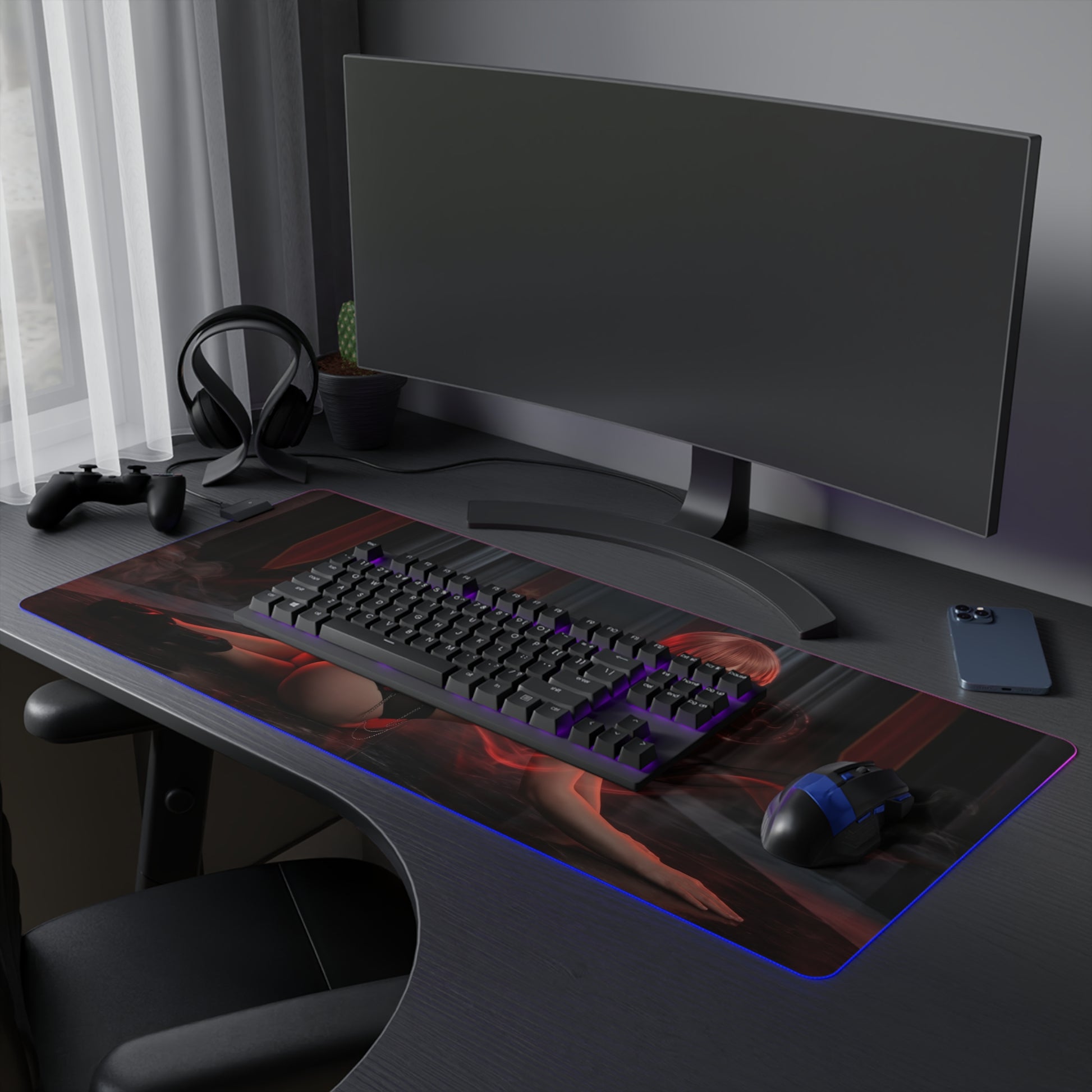 Chainsaw Man Mouse Pad – Makima Illuminated LED Desk Mat, Anime Gamer Room Decor, Gift for Otaku on gaming desk with LED edge and keyboard