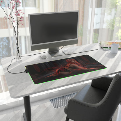 Chainsaw Man Mouse Pad – Makima Illuminated LED Desk Mat, Anime Gamer Room Decor, Gift for Otaku on gaming desk with red cathedral lighting and LED edge