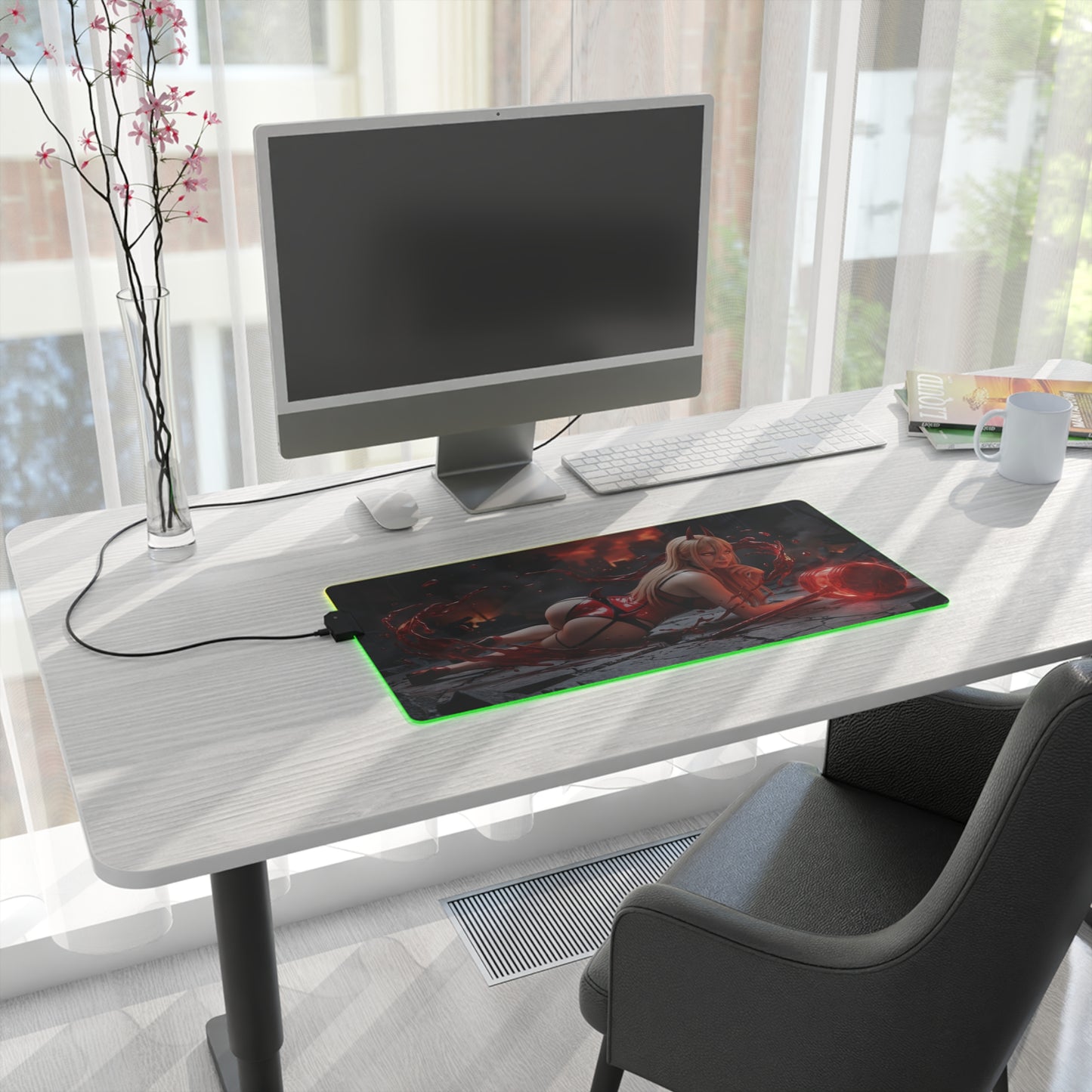 Chainsaw Man Mouse Pad, Power LED RGB Desk Mat, Gift for Gamer, Anime Room Decor — red-horned anime gaming desk mat with green LED glow