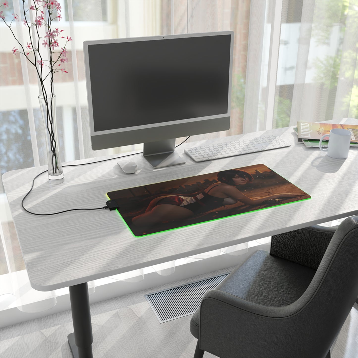 Chainsaw Man Mouse Pad, Reze LED RGB Desk Mat, Gift for Gamer, Manga Room Decor — Reze artwork on RGB desk mat with green glow on white gaming desk