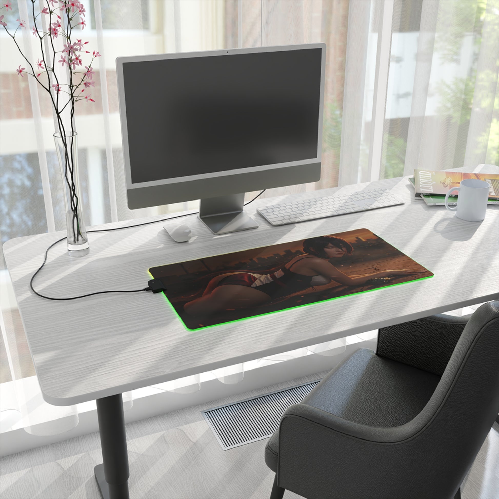 Chainsaw Man Mouse Pad, Reze LED RGB Desk Mat, Gift for Gamer, Manga Room Decor — Reze artwork on RGB desk mat with green glow on white gaming desk