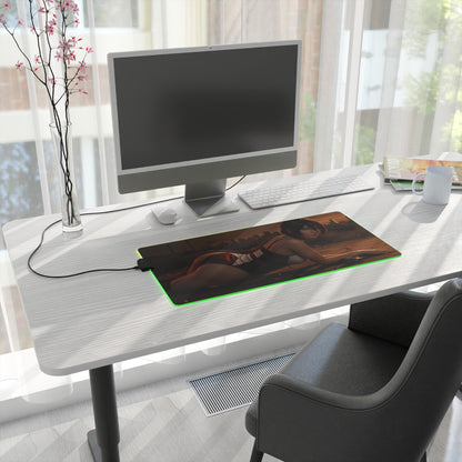 Chainsaw Man Mouse Pad, Reze LED RGB Desk Mat, Gift for Gamer, Manga Room Decor — Reze artwork on RGB desk mat with green glow on white gaming desk