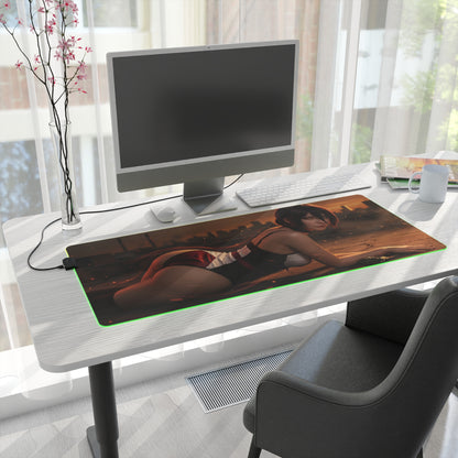 Chainsaw Man Mouse Pad, Reze LED RGB Desk Mat, Gift for Gamer, Manga Room Decor with Reze artwork on RGB desk mat showcasing red tones and gaming setup