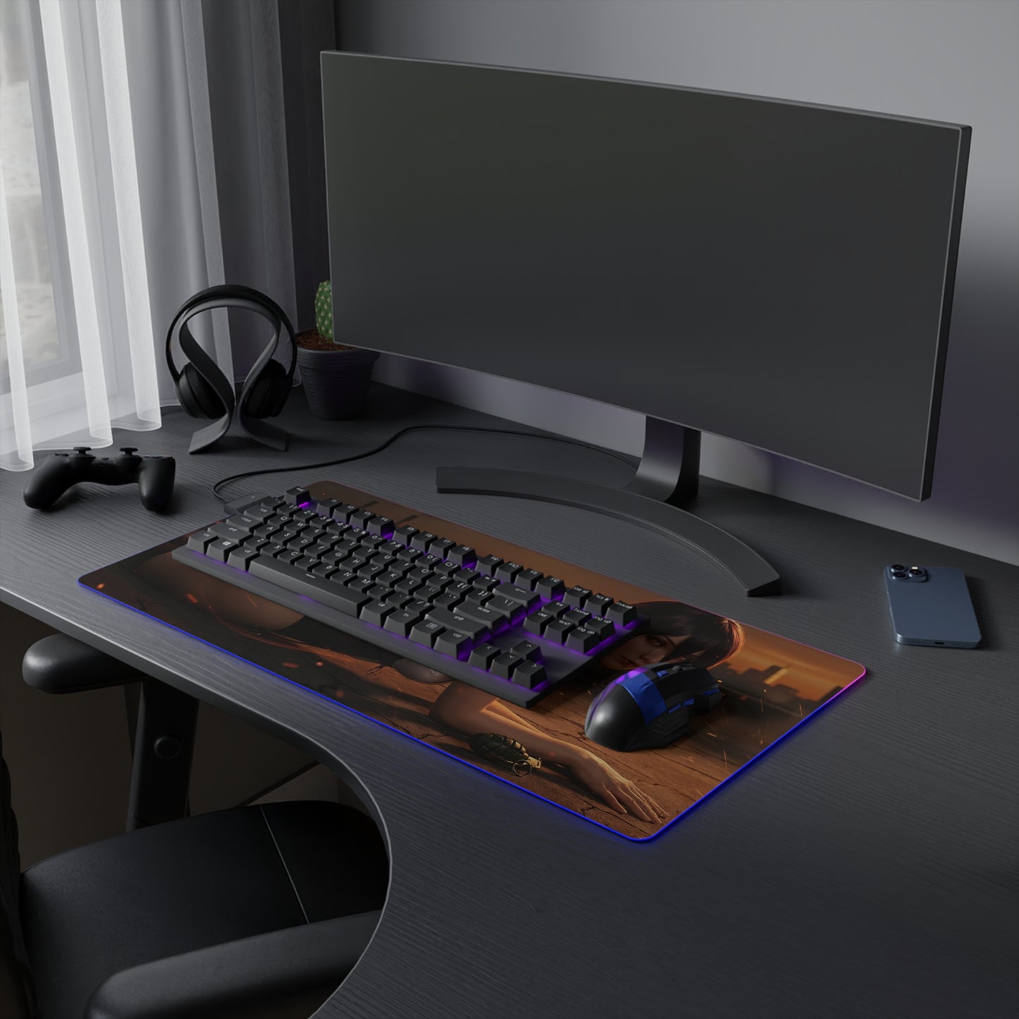 Chainsaw Man Mouse Pad, Reze LED RGB Desk Mat, Gift for Gamer, Manga Room Decor — Reze-themed RGB gaming desk mat with red tones and smooth precision-cloth surface
