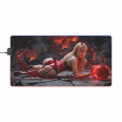 Chainsaw Man Mouse Pad, Power LED RGB Desk Mat, Gift for Gamer, Anime Room Decor — anime-inspired red-horned character on LED gaming desk mat
