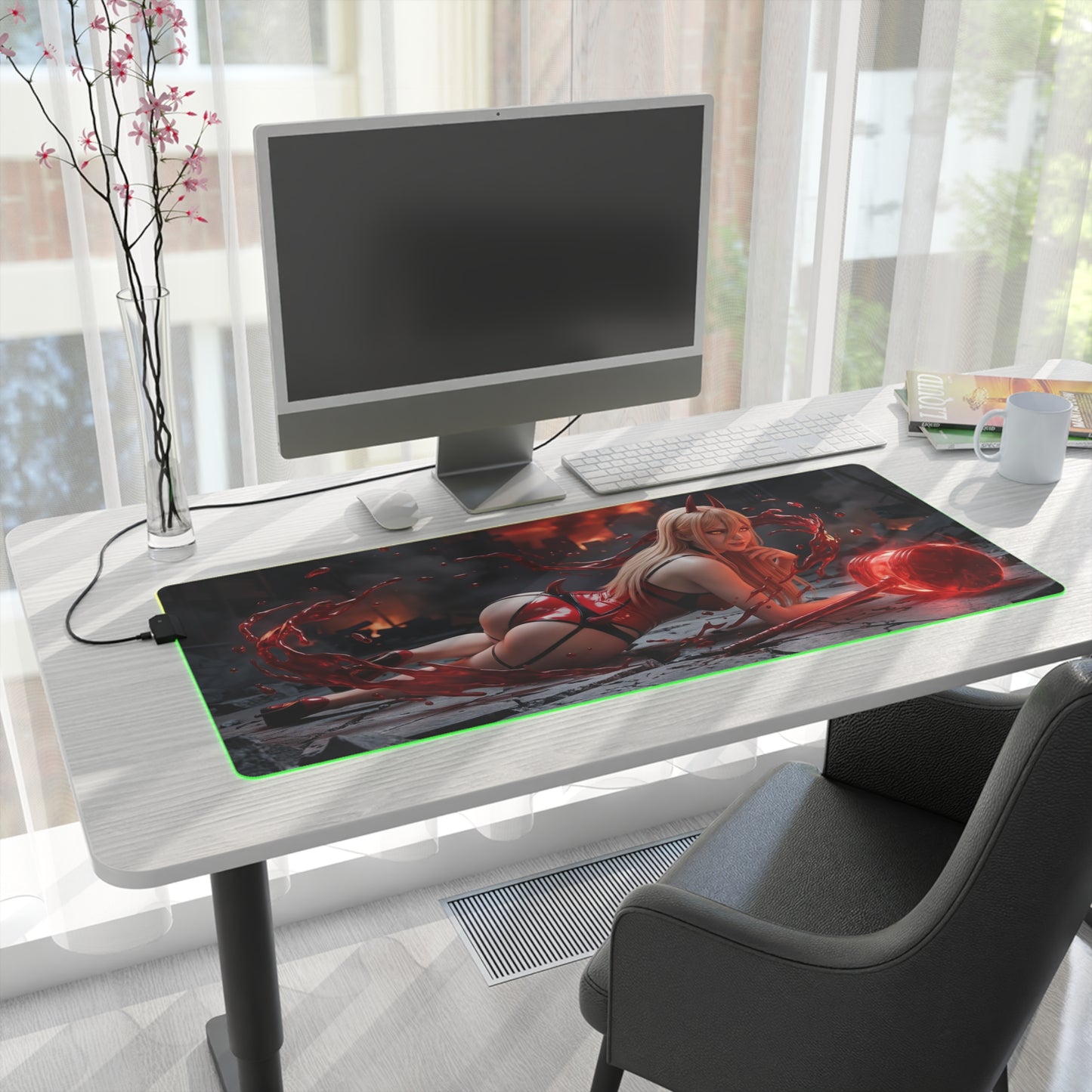 Chainsaw Man Mouse Pad, Power LED RGB Desk Mat, Gift for Gamer, Anime Room Decor - anime-themed LED gaming desk mat with bold red horns design