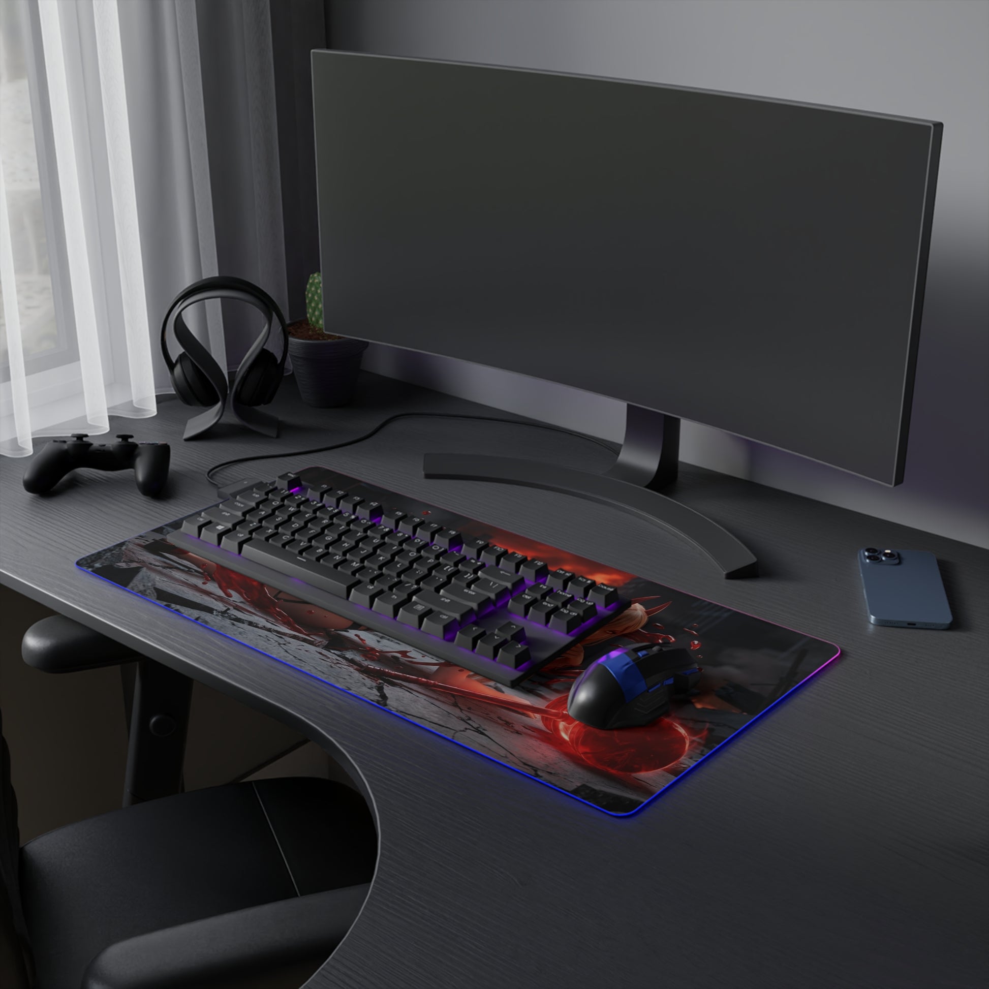 Chainsaw Man Mouse Pad, Power LED RGB Desk Mat, Gift for Gamer, Anime Room Decor — red horns artwork RGB gaming desk mat