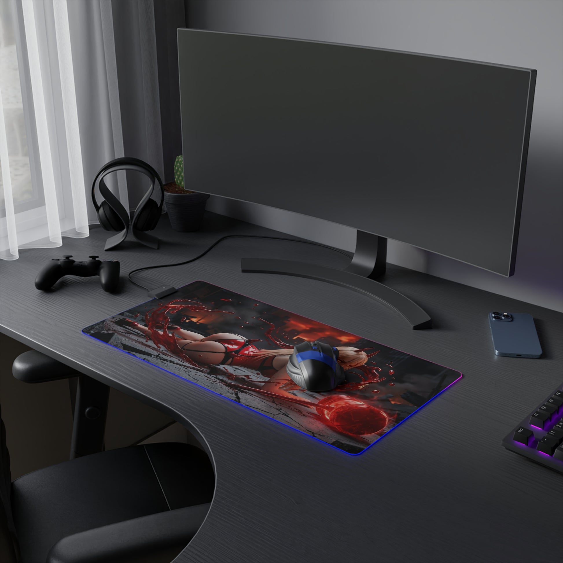 Chainsaw Man Mouse Pad, Power LED RGB Desk Mat, Gift for Gamer, Anime Room Decor — fiery anime gaming desk mat with LED glow