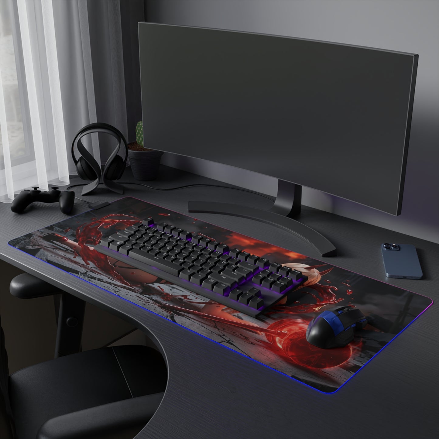 Chainsaw Man Mouse Pad, Power LED RGB Desk Mat, Gift for Gamer, Anime Room Decor — red-horned anime gaming desk mat with LED edge for precise mouse control
