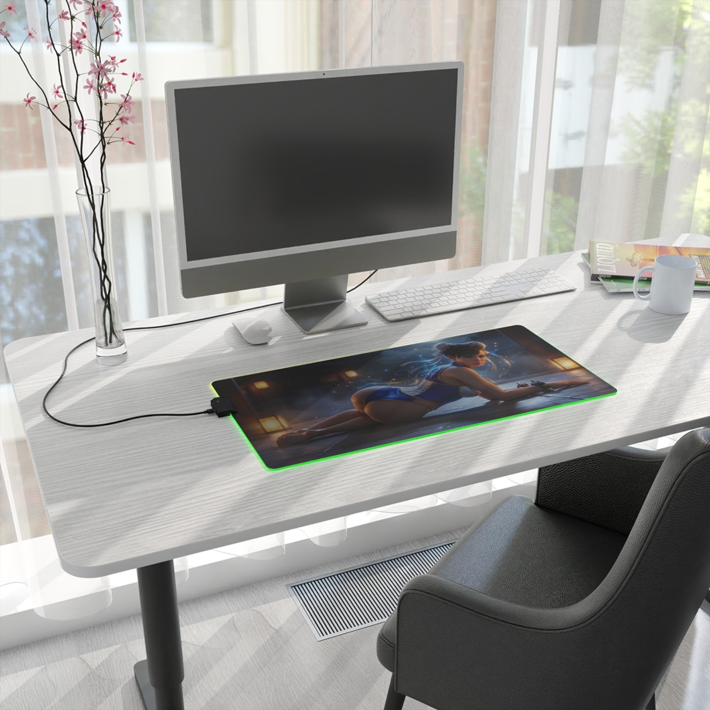 Chun-Li RGB Mouse Pad – Fighting Game Illuminated Desk Mat, Gamer Room Decor on modern gaming desk with RGB edge lighting and high-definition Chun-Li artwork