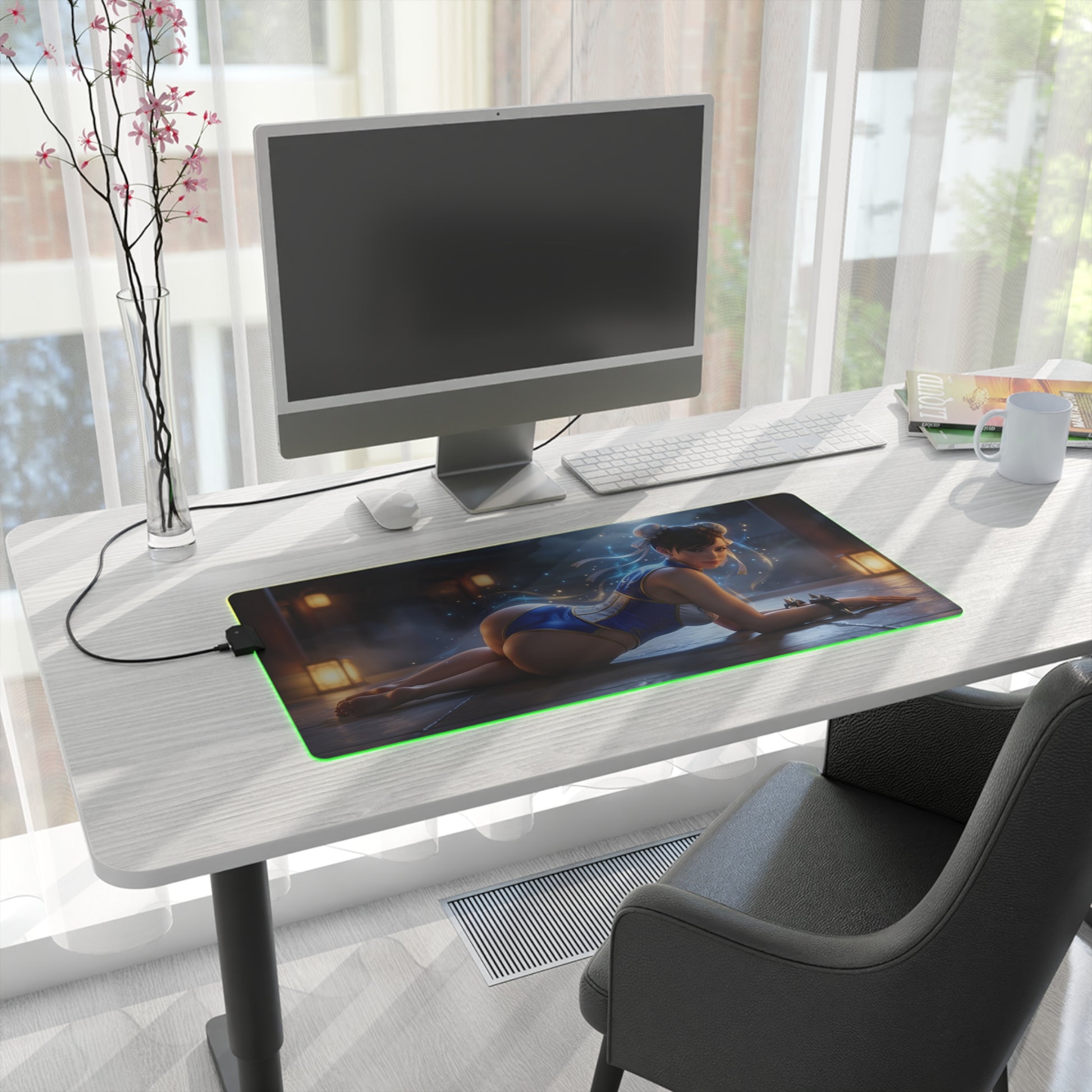 Chun-Li RGB Mouse Pad – Fighting Game Illuminated Desk Mat, Gamer Room Decor on a modern gaming desk with RGB edge lighting and high-definition character print