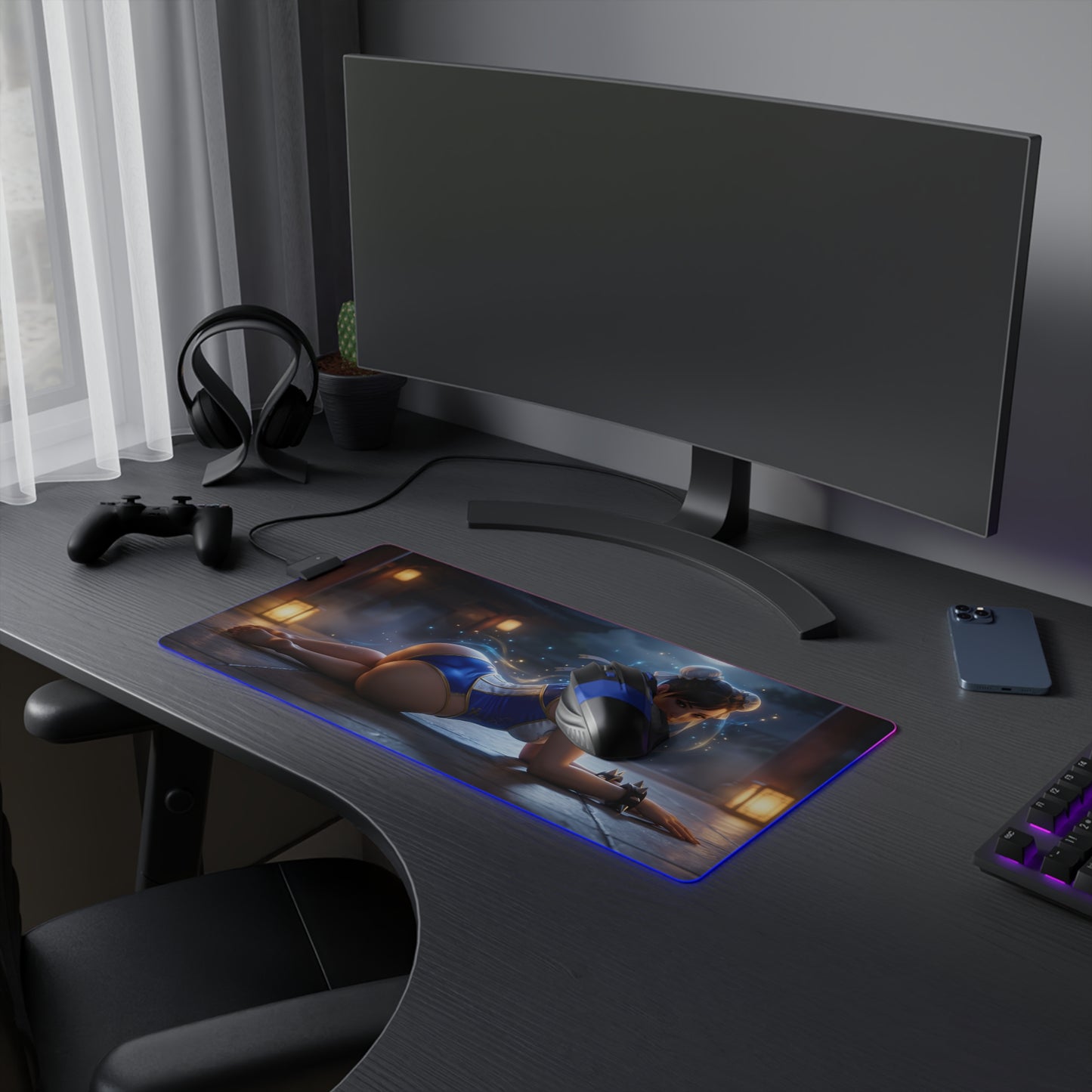 Chun-Li RGB Mouse Pad – Fighting Game Illuminated Desk Mat, Gamer Room Decor featuring HD Chun-Li art, RGB edge lighting, extended anti-slip desk mat