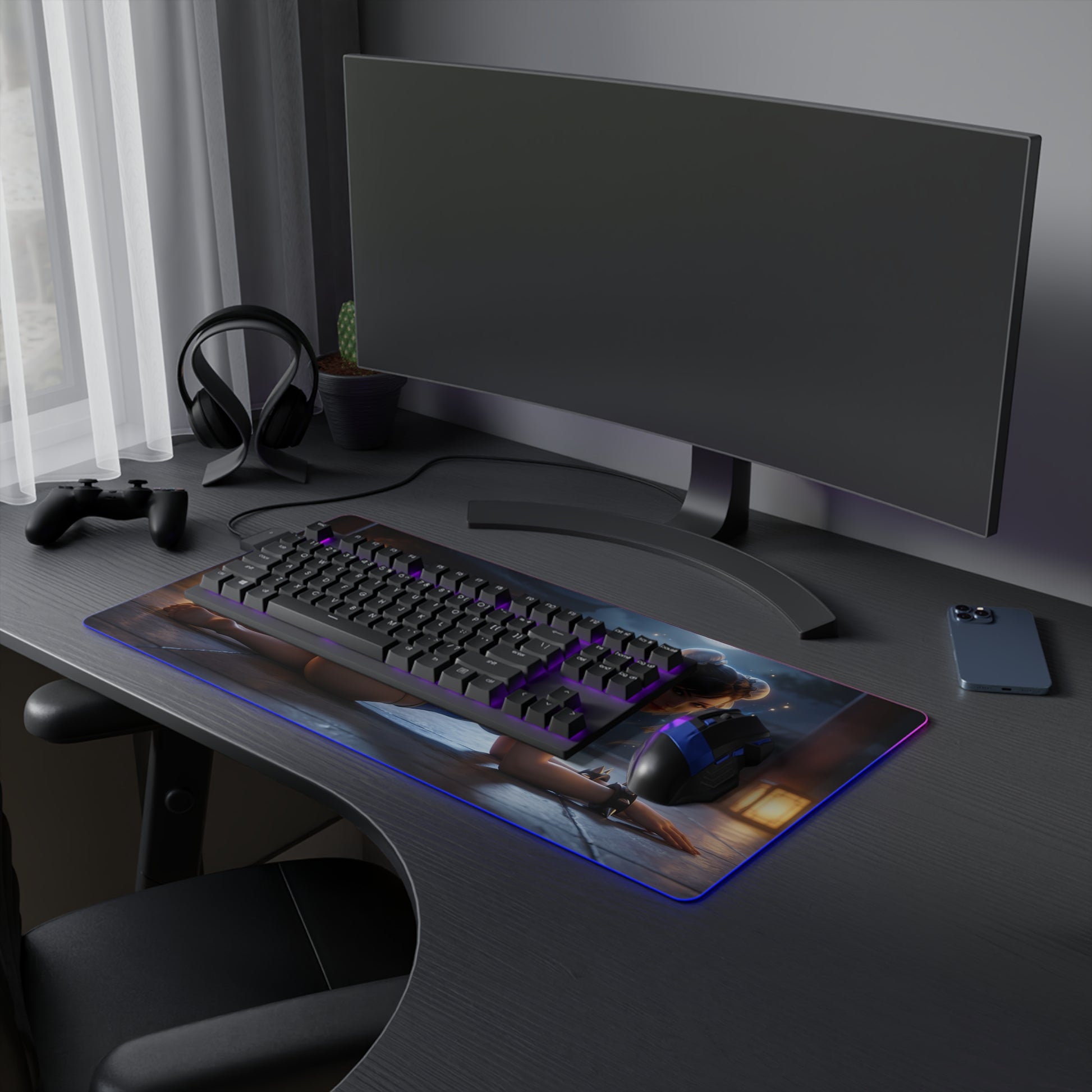 Chun-Li RGB Mouse Pad – Fighting Game Illuminated Desk Mat, Gamer Room Decor on a gaming desk with RGB edge lighting and extended surface