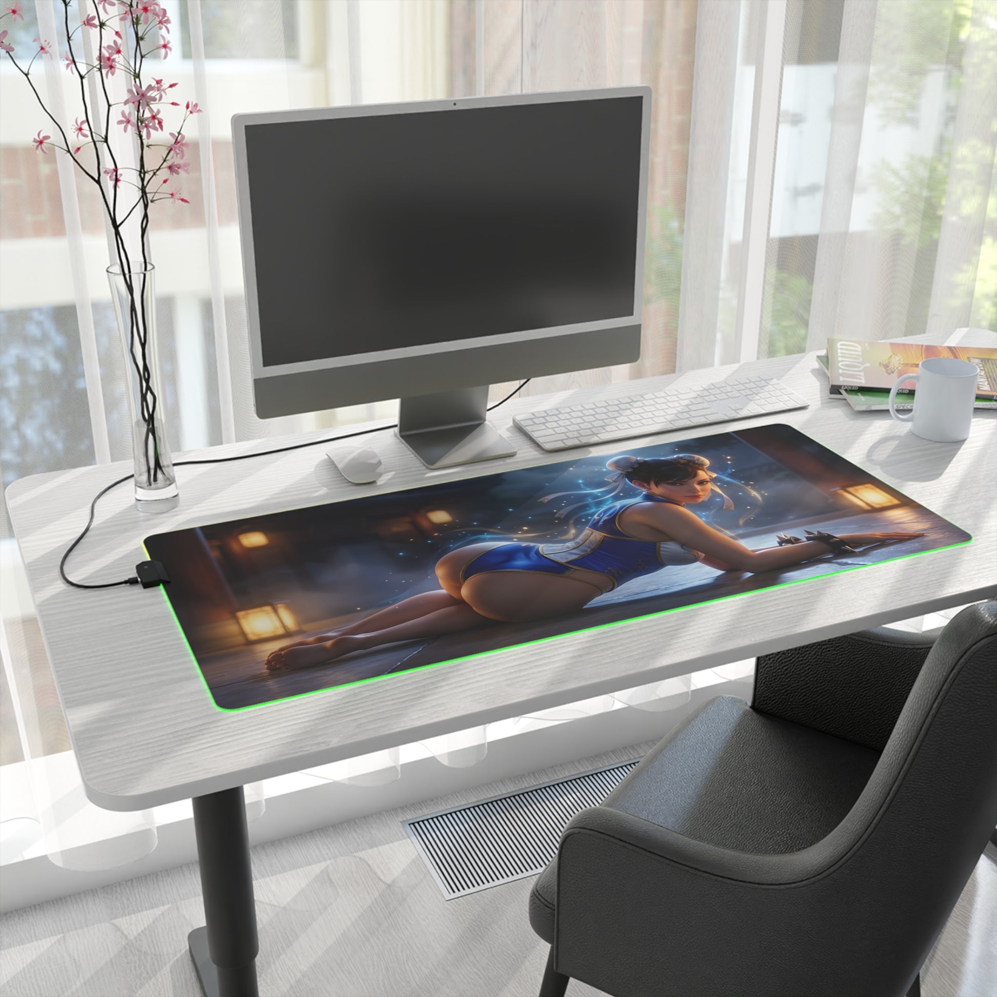 Chun-Li RGB Mouse Pad – Fighting Game Illuminated Desk Mat, Gamer Room Decor on white desk with PC setup and green edge lighting