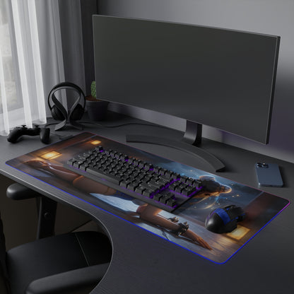 Chun-Li RGB Mouse Pad – Fighting Game Illuminated Desk Mat, Gamer Room Decor on a large RGB desk mat with Chun-Li artwork, keyboard, mouse, and anti-slip base