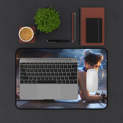 Chun-Li Mouse Pad – Street Fighter Gaming Mouse Pad, Stylish Gamer Desk Decor on a gaming desk with laptop, mouse, coffee and notebook