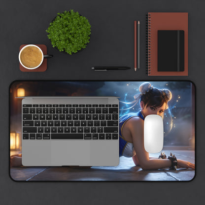 Chun-Li Mouse Pad – Street Fighter Gaming Mouse Pad, Stylish Gamer Desk Decor showing Chun-Li artwork on a large gaming desk mat with laptop and mouse