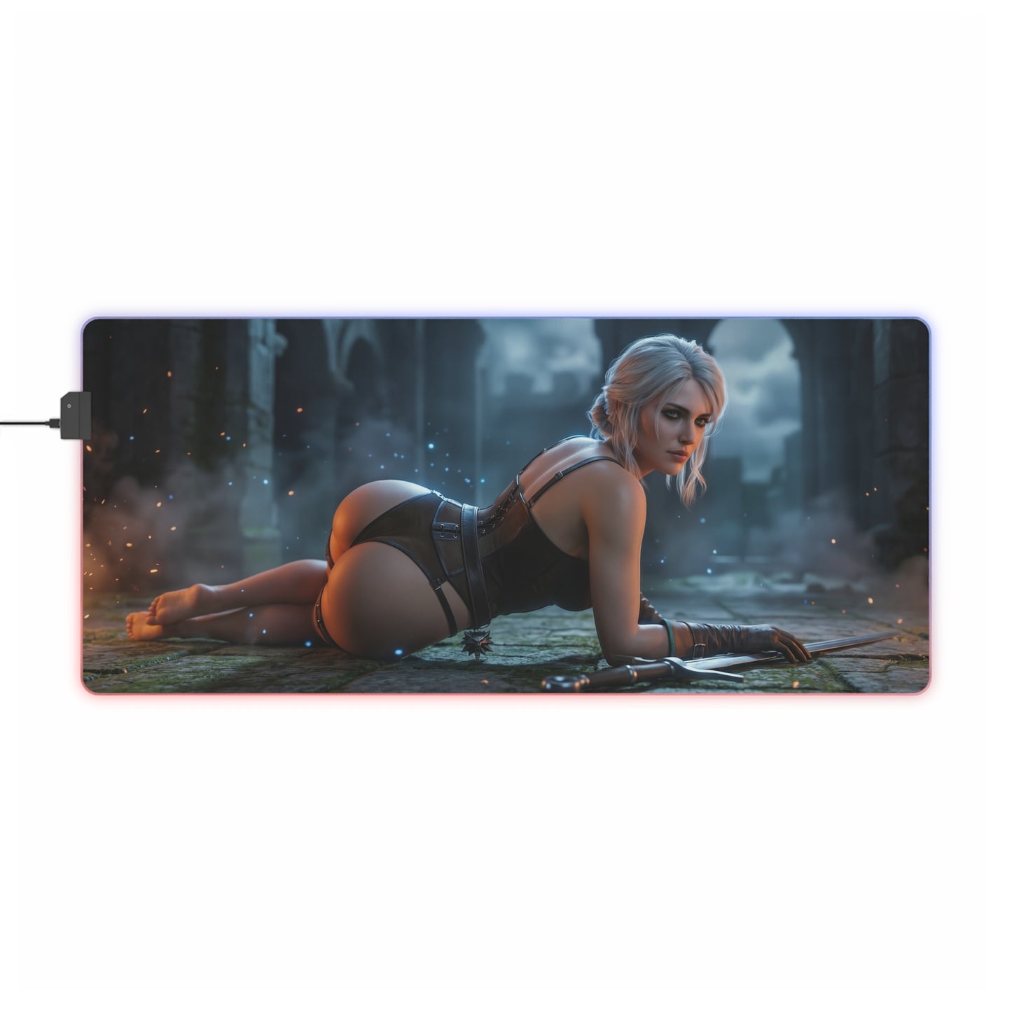 The Witcher Mouse Pad, Ciri LED RGB Desk Mat, Gift for Gamer, Fantasy Room Decor — Ciri reclining on ruined floor with sword, RGB edge lighting