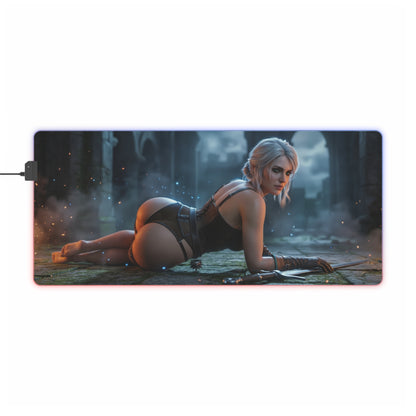 The Witcher Mouse Pad, Ciri LED RGB Desk Mat, Gift for Gamer, Fantasy Room Decor — Ciri reclining on ruined floor with sword, RGB edge lighting