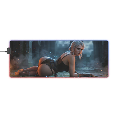 The Witcher Mouse Pad, Ciri LED RGB Desk Mat, Gift for Gamer, Fantasy Room Decor — Ciri reclining warrior artwork on RGB gaming desk mat