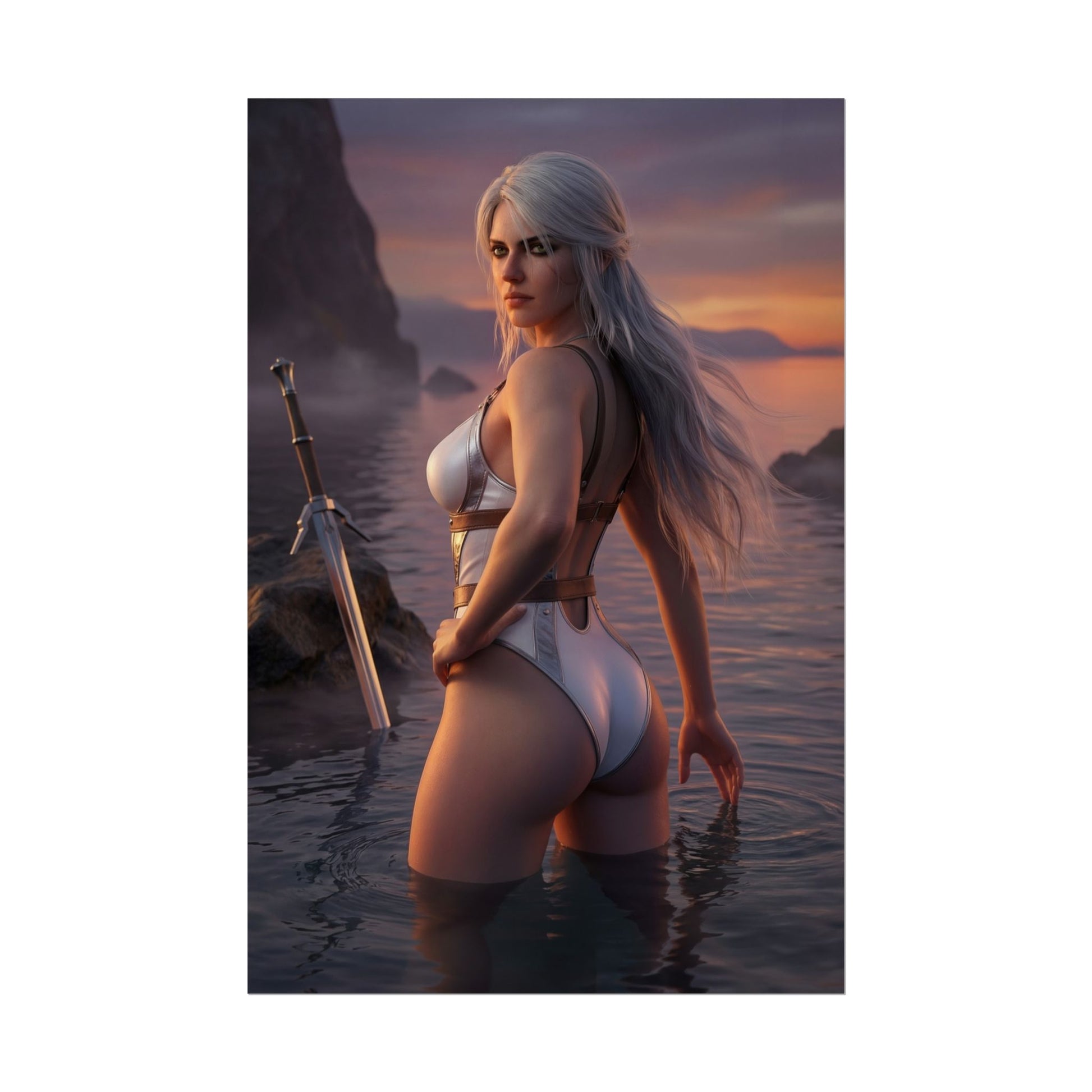 Alt Tag: The Witcher Poster – Ciri Art Print, Fantasy Game Wall Art showing Ciri standing in shallow ocean at sunset with sword and cinematic lighting