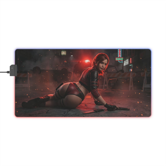 Resident Evil Mouse Pad, Claire Redfield LED RGB Desk Mat, Gift for Gamer, Horror Room Decor — Claire Redfield crouched on gritty street with RGB glow