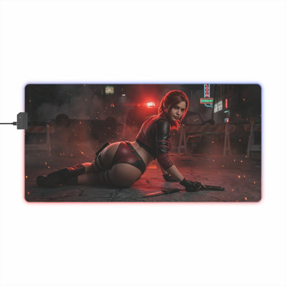 Resident Evil Mouse Pad, Claire Redfield LED RGB Desk Mat, Gift for Gamer, Horror Room Decor – Claire Redfield posed on LED RGB desk mat in fiery street scene