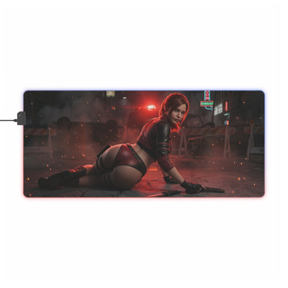 Resident Evil Mouse Pad, Claire Redfield LED RGB Desk Mat, Gift for Gamer, Horror Room Decor showcasing Claire Redfield in action-ready pose on LED RGB desk mat